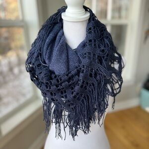 World Market Dark Blue Fringe Crochet Infinity Scarf Hood